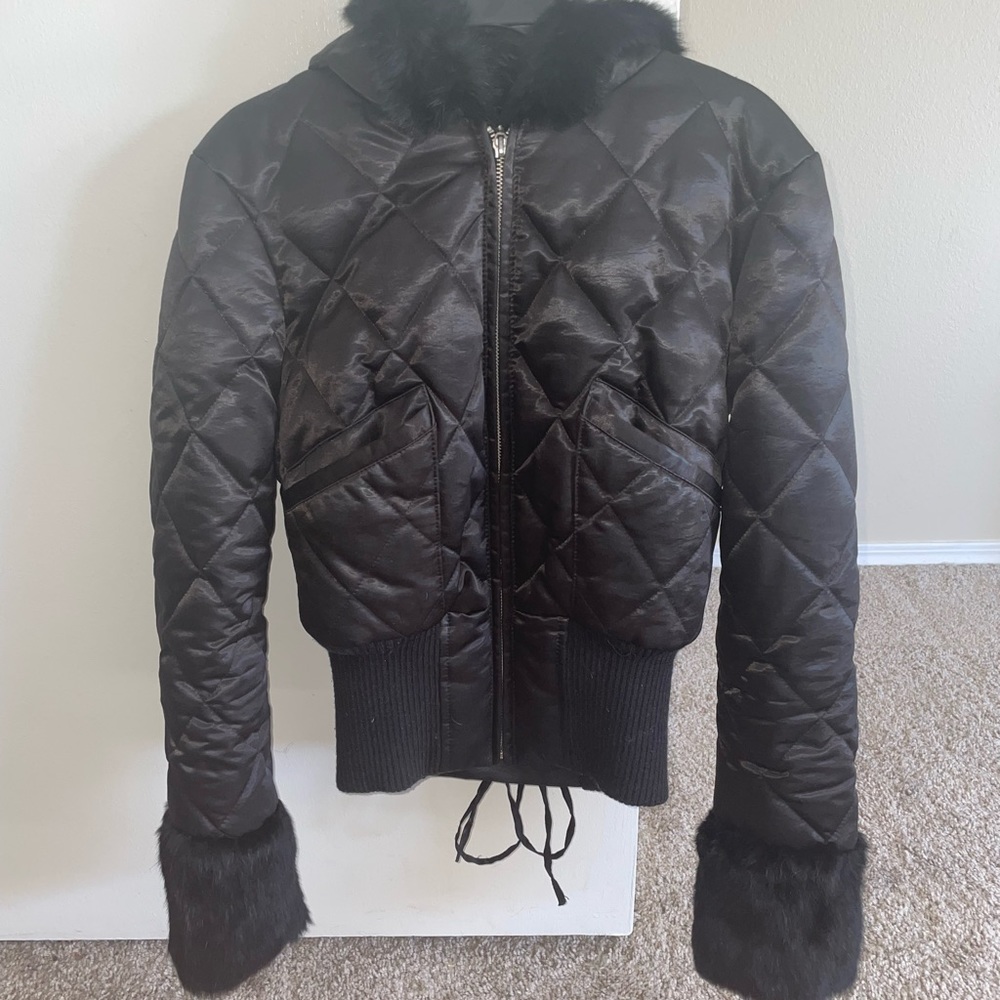 Bebe Black Corset Lace Up Back Puffer Jacket Coat